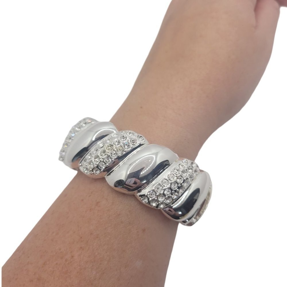 High Polished Silver Color Metal Crystal Studded Bangle Cuff Bracelet - Picture 4 of 4